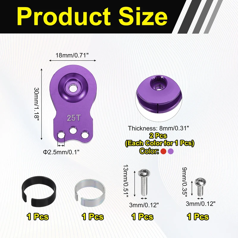 2pcs 25T 3Hole Adjustable Aluminum Arm Servo Horn Red & Purple for Car