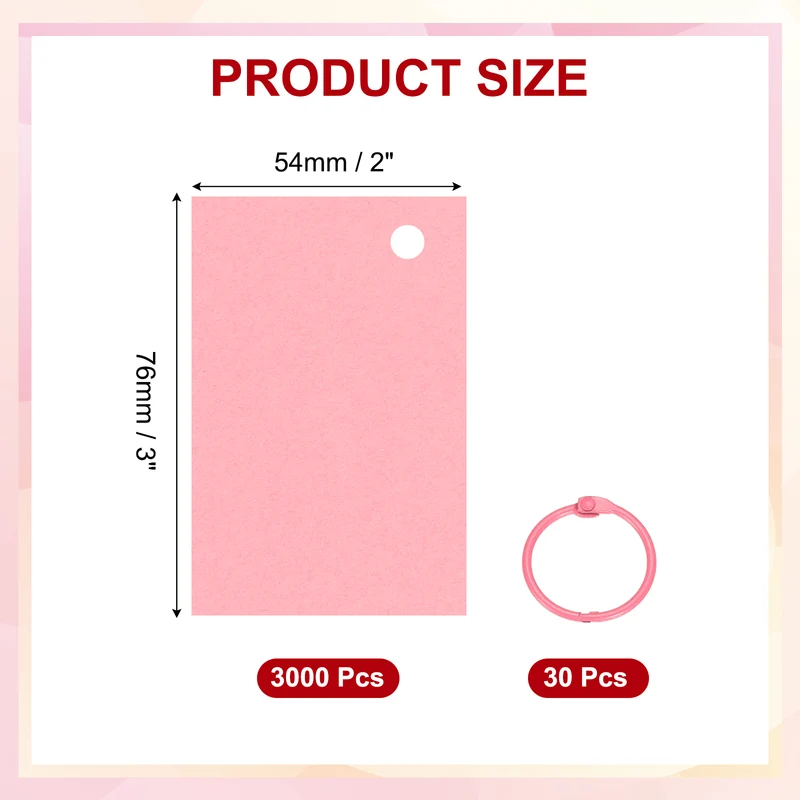 3"x2" 3000Pcs Index Flash Cards with 30 Ring Study Card Index Card Pink