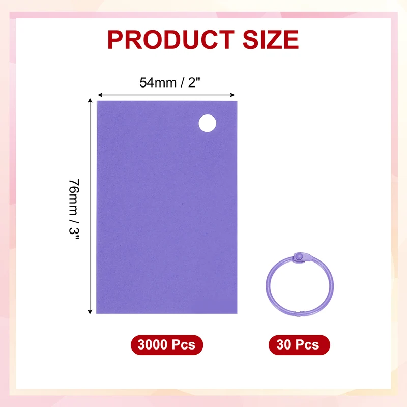 3"x2" 3000Pcs Index Flash Cards with 30 Ring Study Card Index Card Purple
