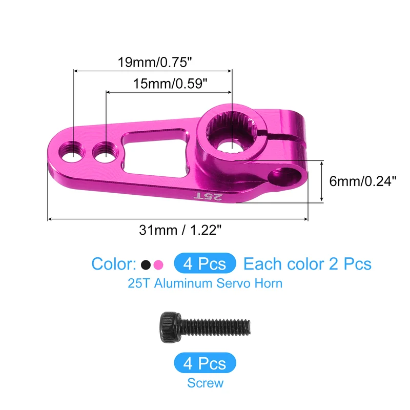 4 Pcs Aluminum Alloy 25T Steering Servo Arm Horn for DIY RC Car, Pink/Black