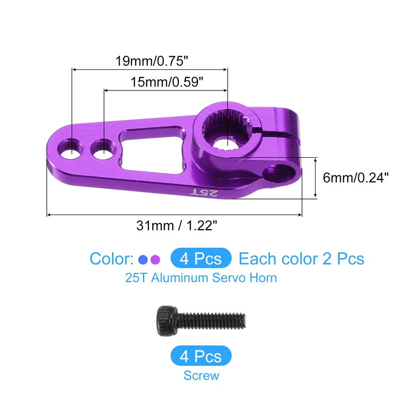 4 Pcs Aluminum Alloy 25T Steering Servo Arm Horn for DIY RC Car, Purple/Blue