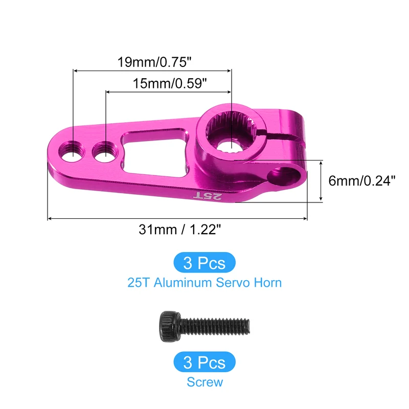 3 Pcs Aluminum Alloy 25T Steering Servo Arm Horn for DIY RC Car, Pink