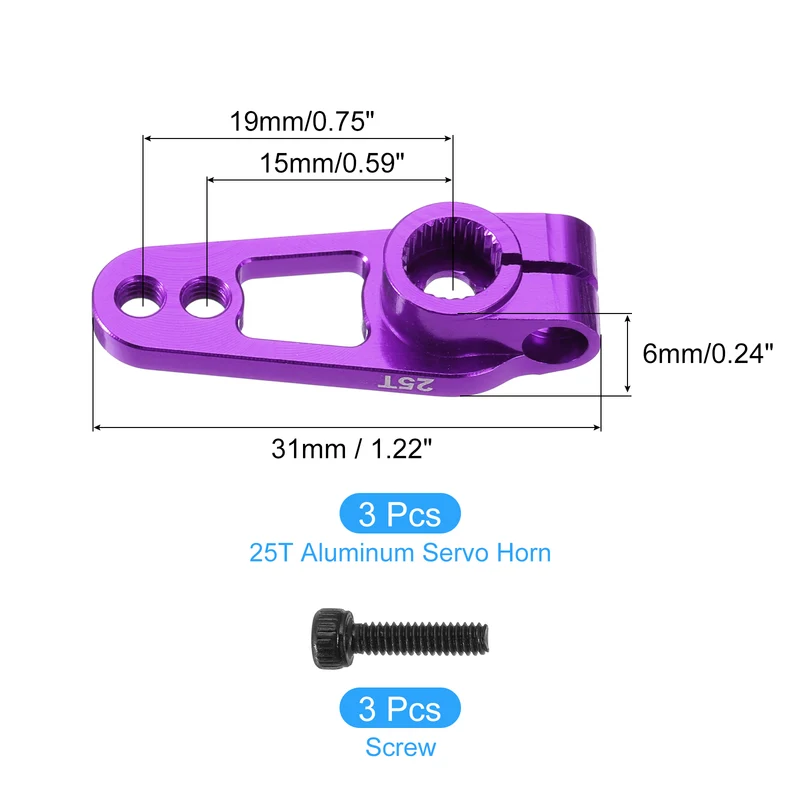 3 Pcs Aluminum Alloy 25T Steering Servo Arm Horn for DIY RC Car, 31mm Purple