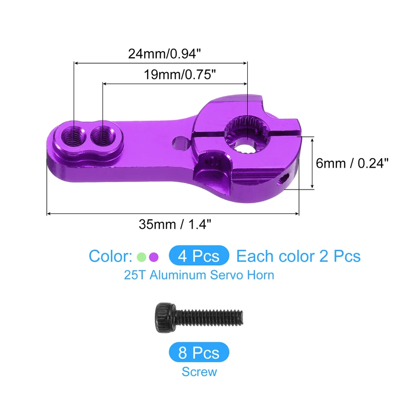 4 Pcs Aluminum Alloy 25T Steering Servo Arm Horn for DIY RC Car, Green/Purple