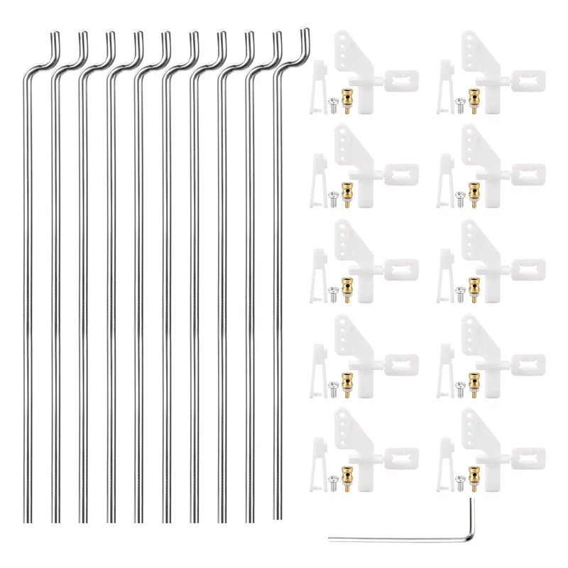 10Sets RC Fixed Wing Airplane Control Horn Kit - 10pcs Nylon Control Horn + 10pcs Clevis + 10pcs 1.2x180mm Pull Rod + 10pcs Fast Holder + 1pcs Wrench