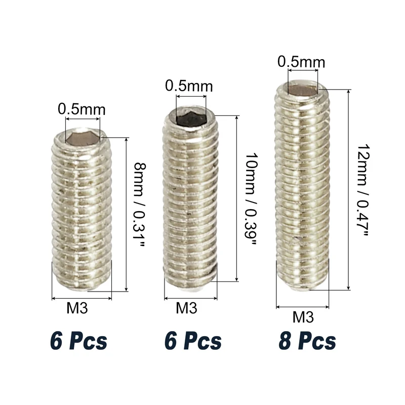Guitar Bridge Saddle Height Adjustment Screws M3x8/10/12mm Silver 20Pcs
