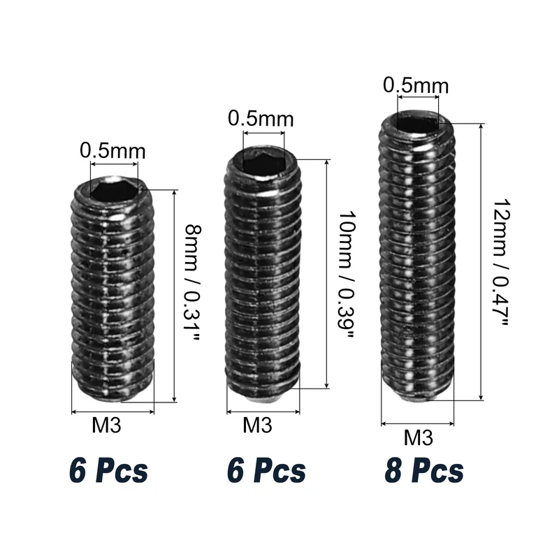 Guitar Bridge Saddle Height Adjustment Screws M3x8/10/12mm Black 20Pcs