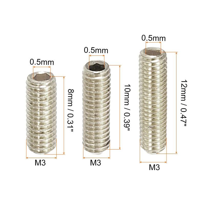 Guitar Bridge Saddle Height Adjustment Screws M3x8/10/12mm Silver 12pcs
