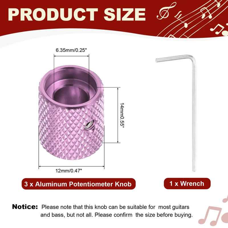 3Pcs Aluminum Guitar Potentiometer Knob W Wrench Set 6.35mm Purple