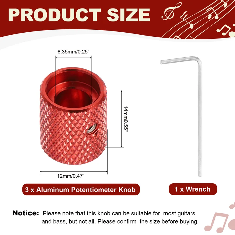 3Pcs Aluminum Guitar Potentiometer Knob W Wrench Set 6.35mm Red