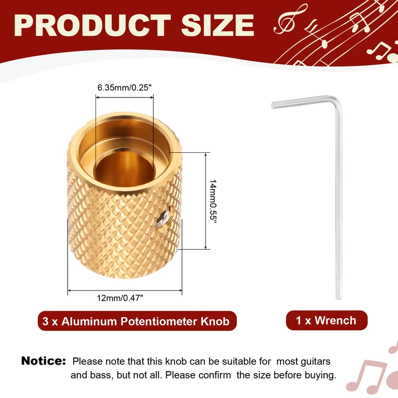 3Pcs Aluminum Guitar Potentiometer Knob W Wrench Set 6.35mm Golden