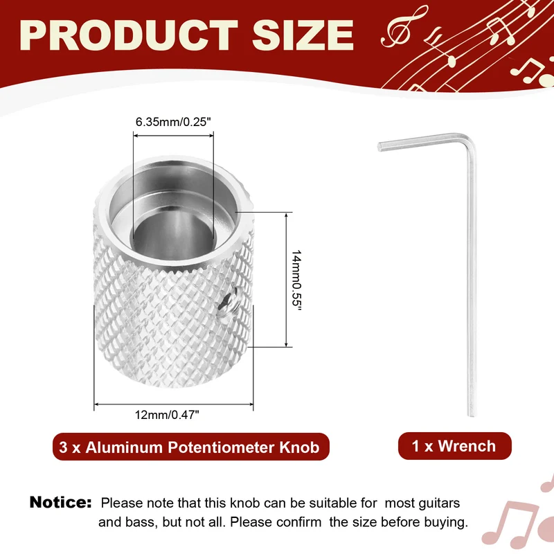 3Pcs Aluminum Guitar Potentiometer Knob W Wrench Set 6.35mm Silver