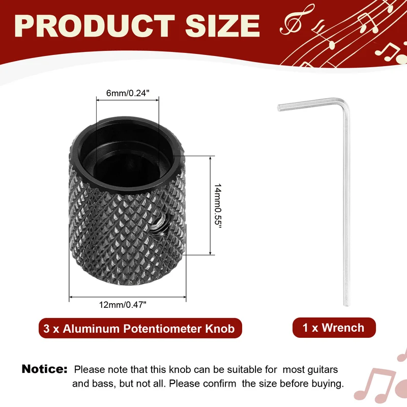 3Pcs Aluminum Guitar Potentiometer Knob W Wrench Set 6mm Black