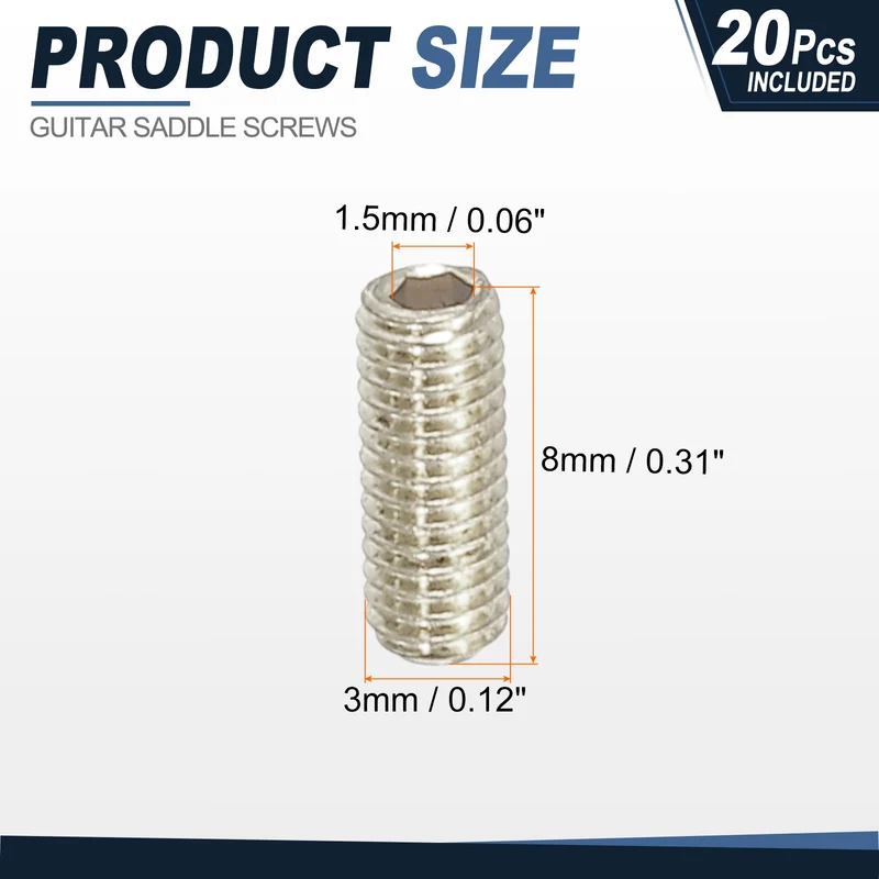 Guitar Bridge Saddle Height Adjustment Screws M3x8 Silver 20Pcs