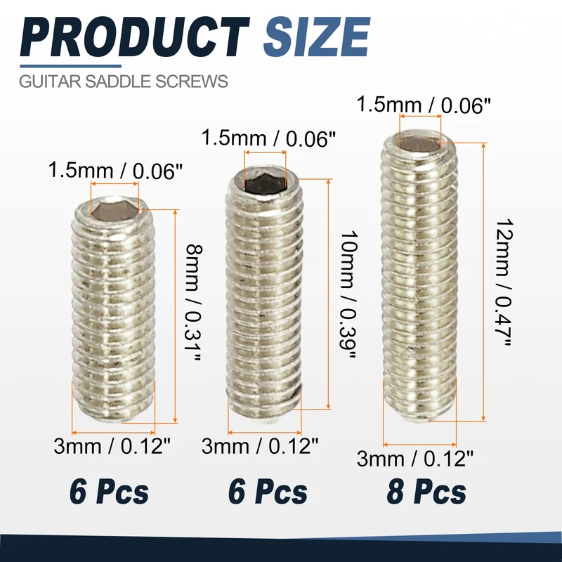 Guitar Bridge Saddle Height Adjustment Screws M3x8/10/12 Silver 20Pcs