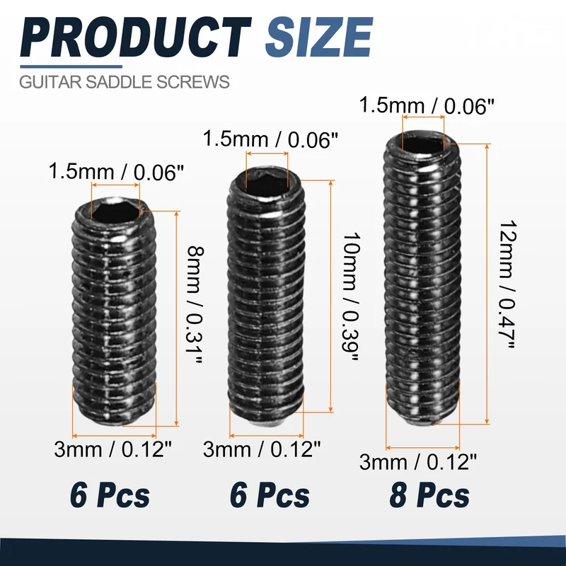 Guitar Bridge Saddle Height Adjustment Screws M3x8/10/12 Black 20Pcs