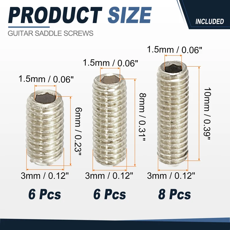 Guitar Bridge Saddle Height Adjustment Screws M3x6/8/10 Silver 20Pcs