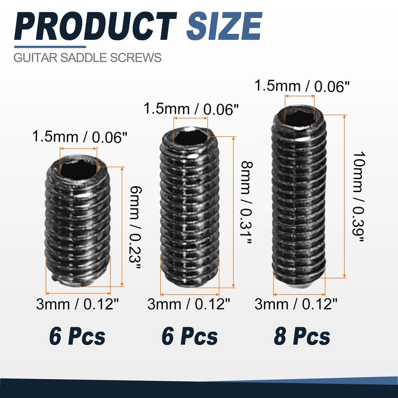 Guitar Bridge Saddle Height Adjustment Screws M3x6/8/10 Black 20Pcs