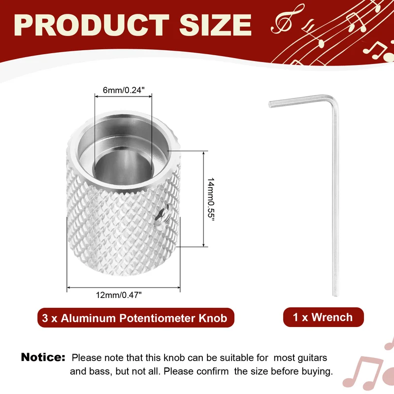 3Pcs Aluminum Guitar Potentiometer Knob W Wrench Set 6mm Silver