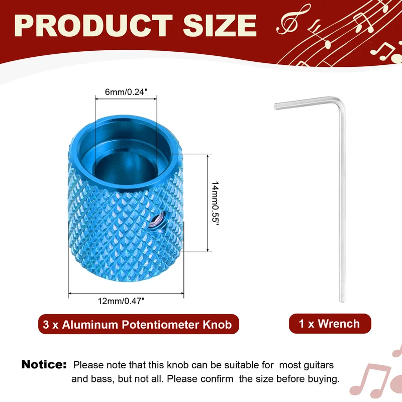 3Pcs Aluminum Guitar Potentiometer Knob W Wrench Set 6mm Blue