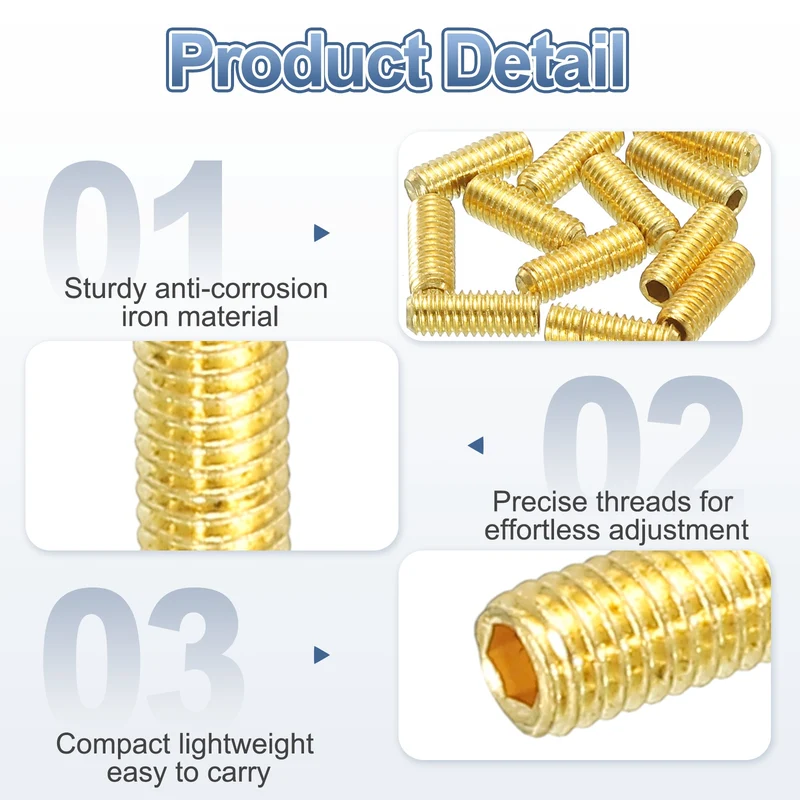 Guitar Bridge Saddle Height Adjustment Screws M3x8 Gold 12Pcs