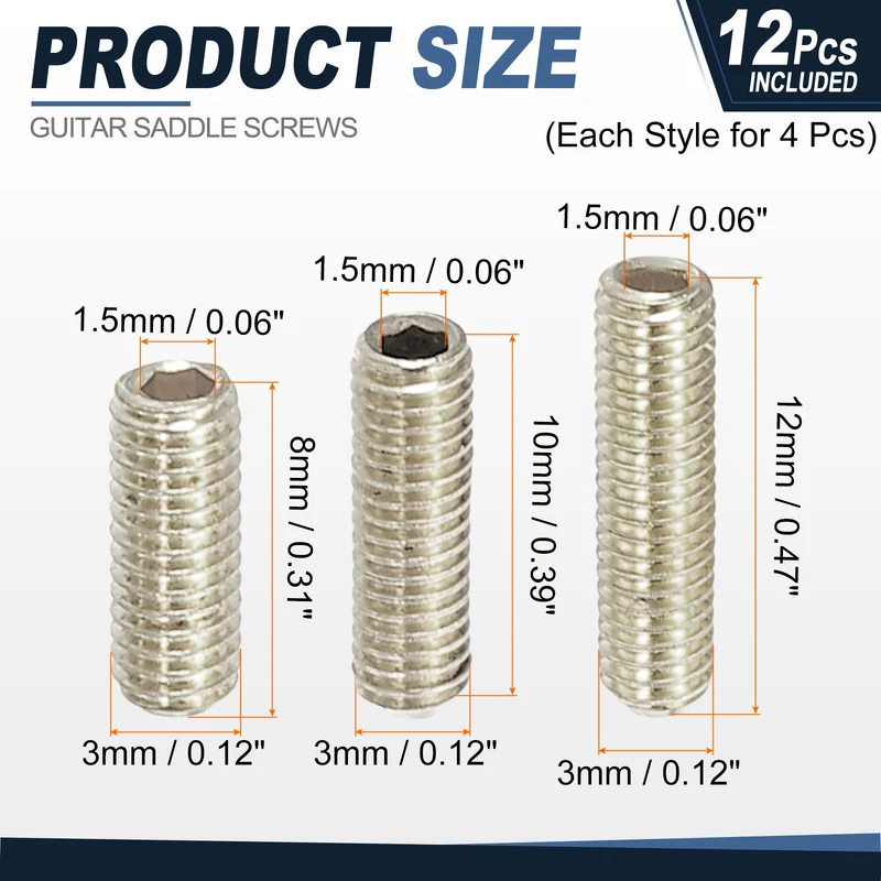 Guitar Bridge Saddle Height Adjustment Screws M3x8/10/12 Silver 12Pcs