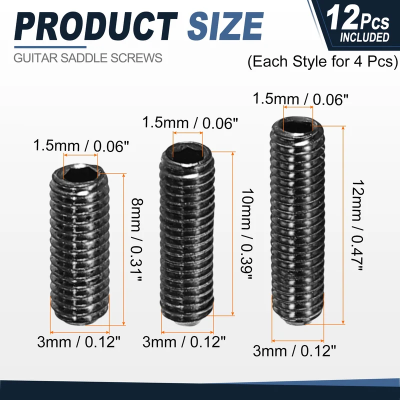 Guitar Bridge Saddle Height Adjustment Screws M3x8/10/12 Black 12Pcs