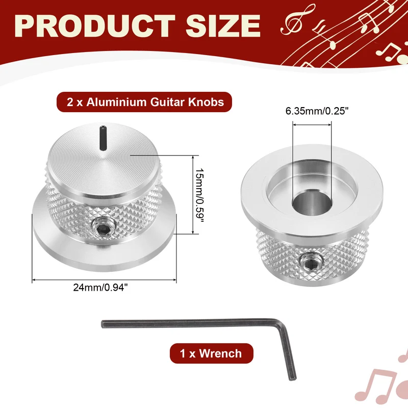 2pcs Aluminium Guitar Knobs with Wrench Set 1/4" Silver