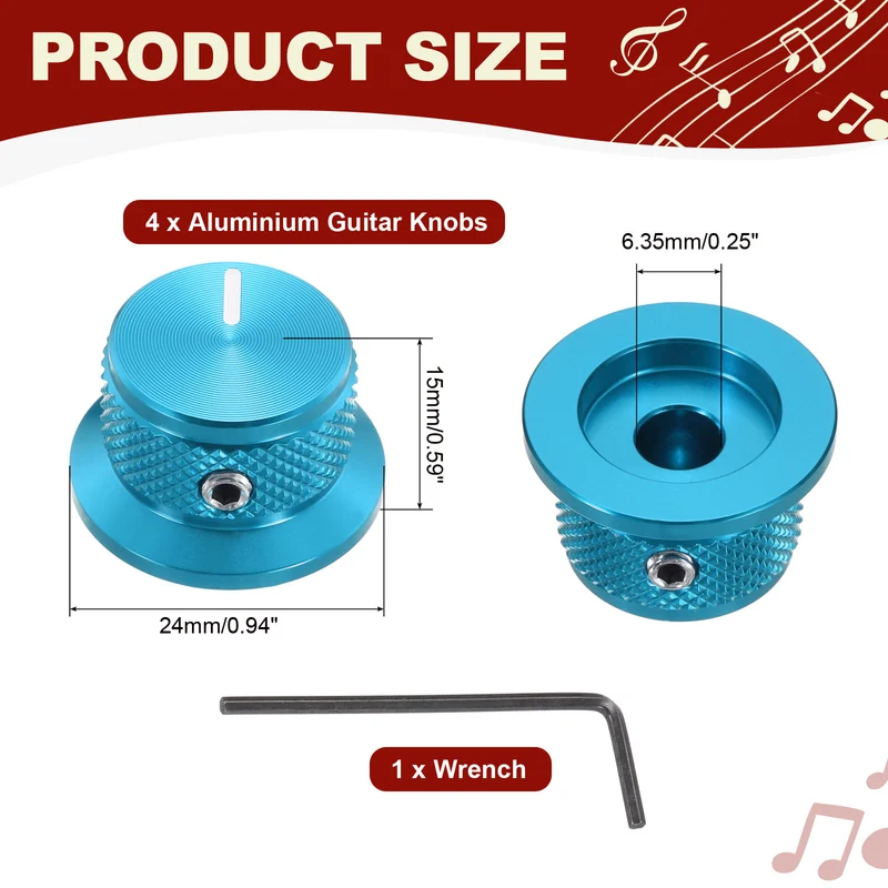 4pcs Aluminium Guitar Knobs with Wrench Set 1/4" Blue