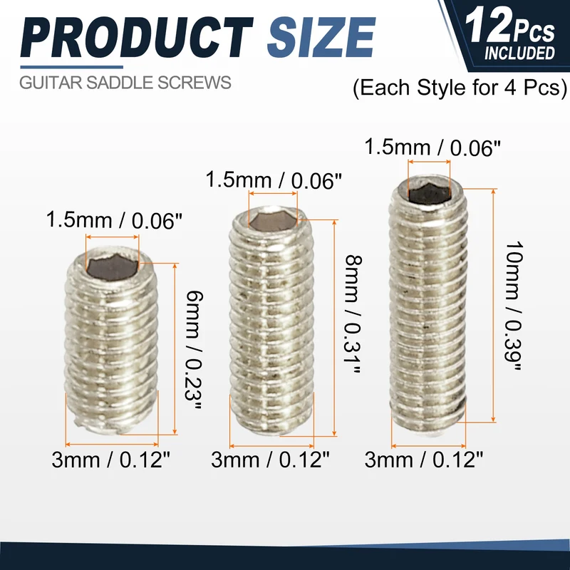 Guitar Bridge Saddle Height Adjustment Screws M3x6/8/10 Silver 12Pcs