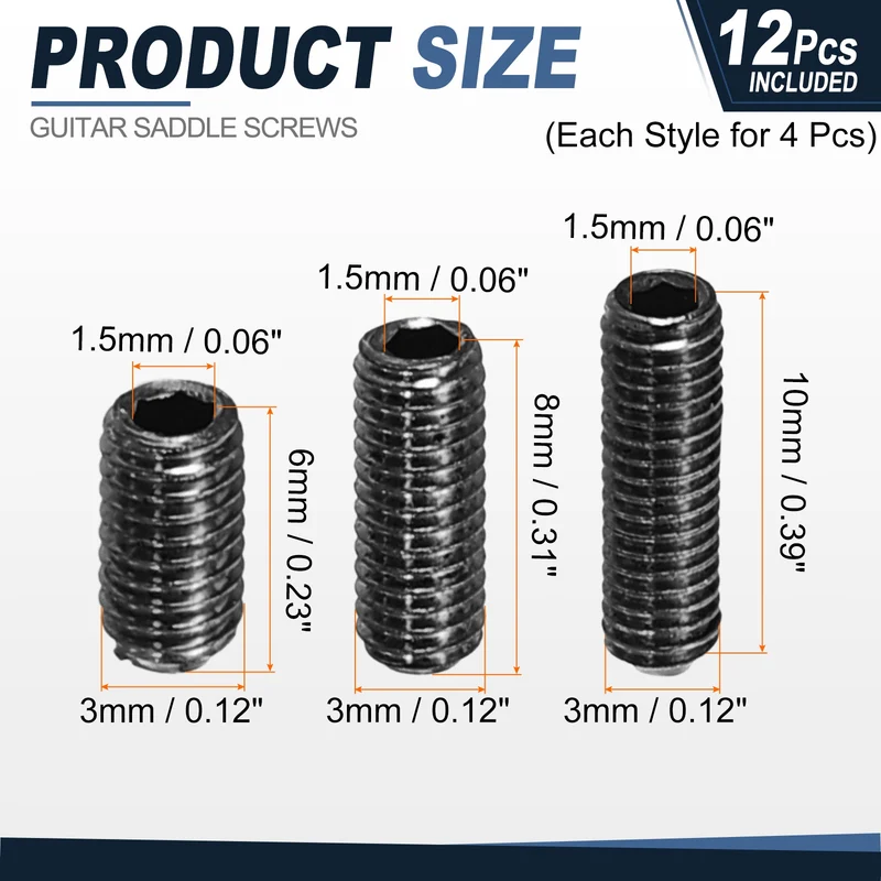 Guitar Bridge Saddle Height Adjustment Screws M3x6/8/10 Black 12Pcs