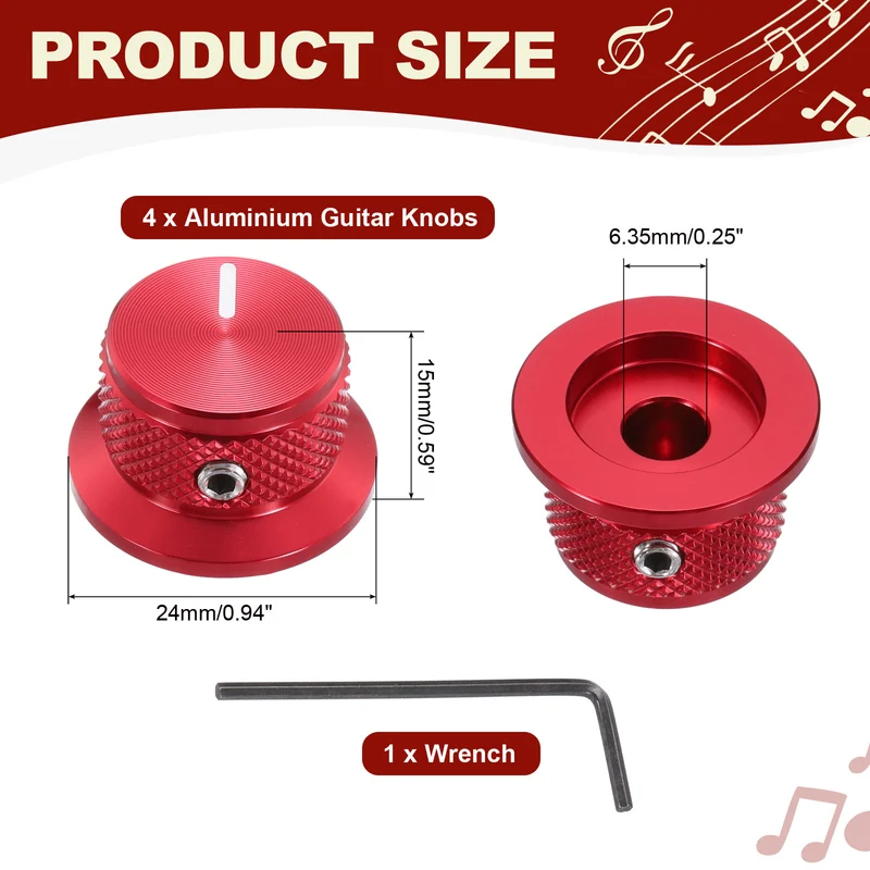 4pcs Aluminium Guitar Knobs with Wrench Set 1/4" Red