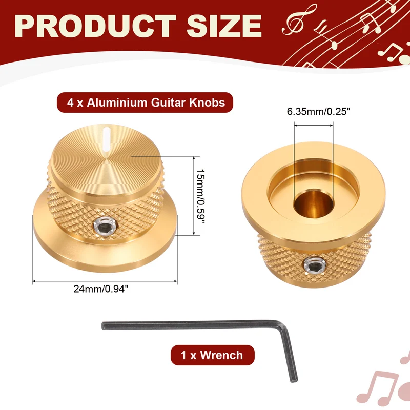 4pcs Aluminium Guitar Knobs with Wrench Set 1/4" Golden