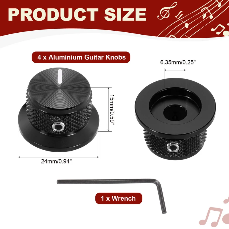 4pcs Aluminium Guitar Knobs with Wrench Set 1/4" Black