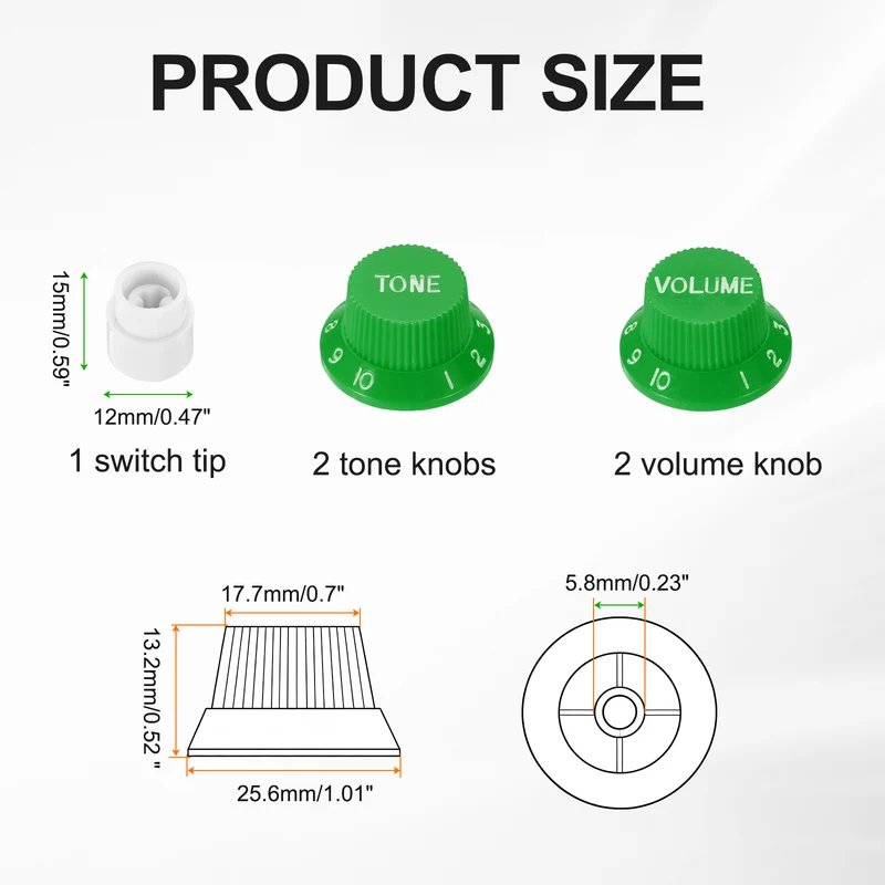 Guitar Control Knobs 2Volume 2Tone 1Switch Tip Green with White Characters
