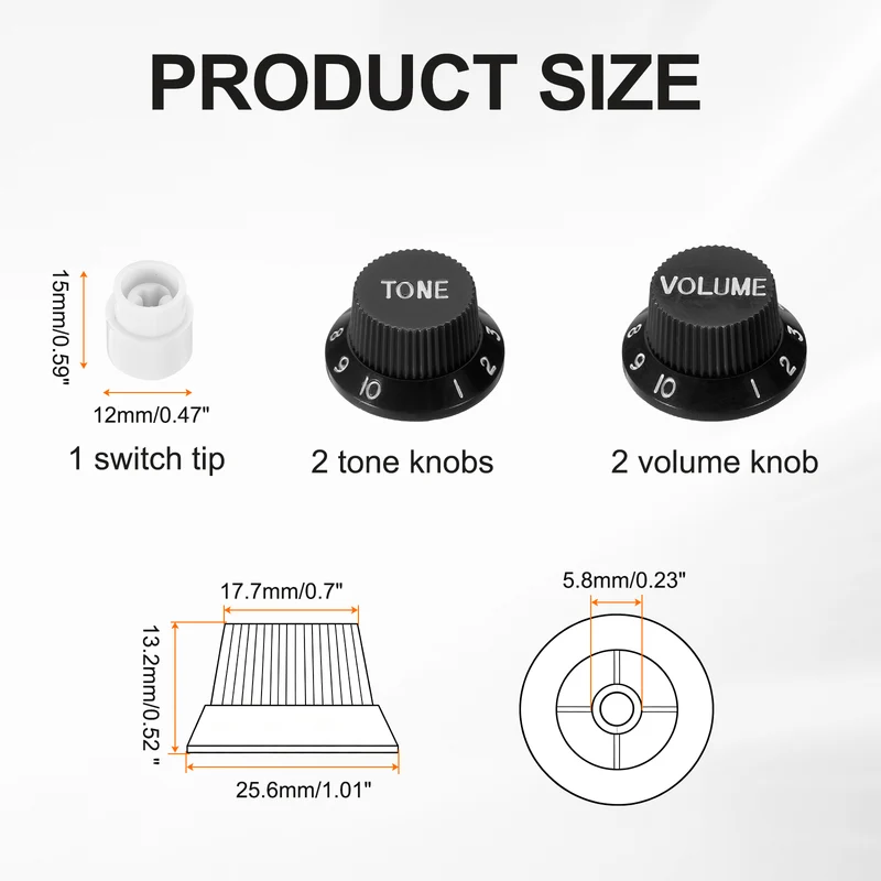 Guitar Control Knobs 2Volume 2Tone 1Switch Tip, Black with White Characters