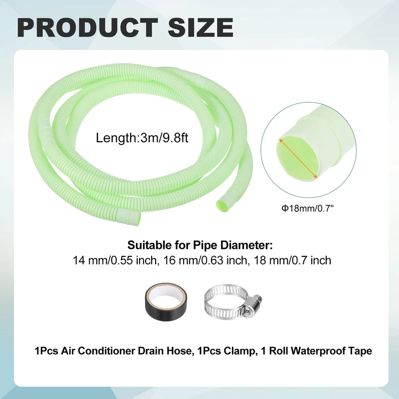 9.8 ft / 3 m Air Conditioner Split Drain Hose Kit Universal Plastic Tube, Green