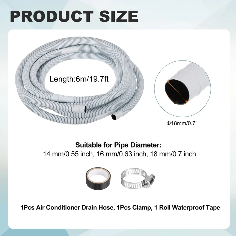 19.7 ft / 6 m Air Conditioner Split Drain Hose Kit Universal Plastic Tube, Gray