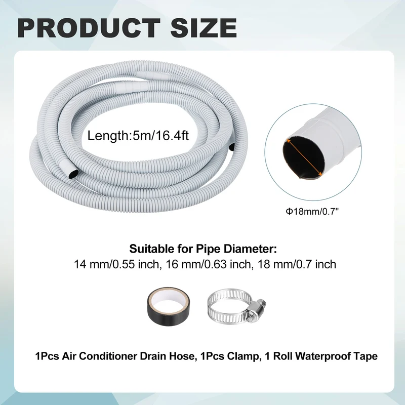 16.4 ft / 5 m Air Conditioner Split Drain Hose Kit Universal Plastic Tube, Gray