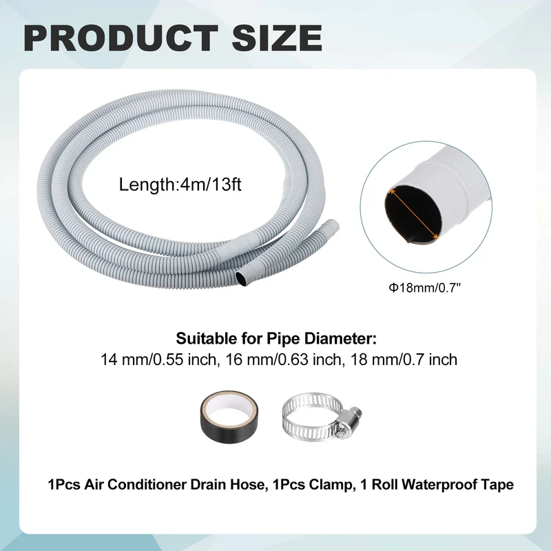13 ft / 4 m Air Conditioner Split Drain Hose Kit Universal Plastic Tube, Gray