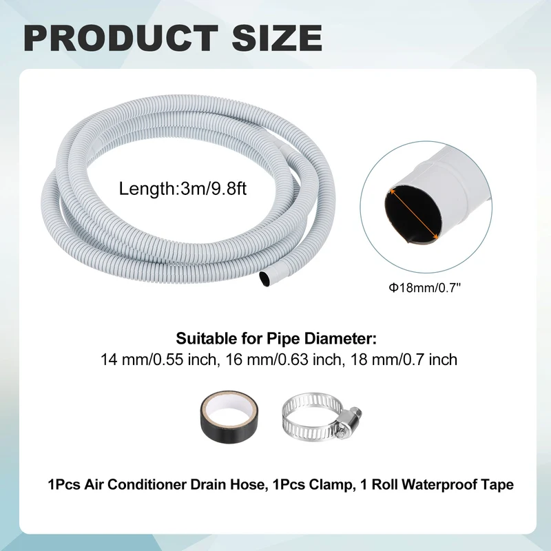 9.8 ft / 3 m Air Conditioner Split Drain Hose Kit Universal Plastic Tube, Gray