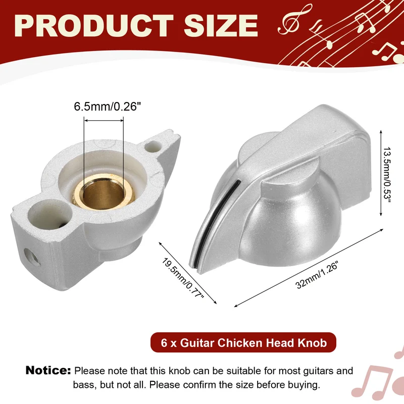 6pcs Guitar Chicken Head Knob 6.5mm Silver