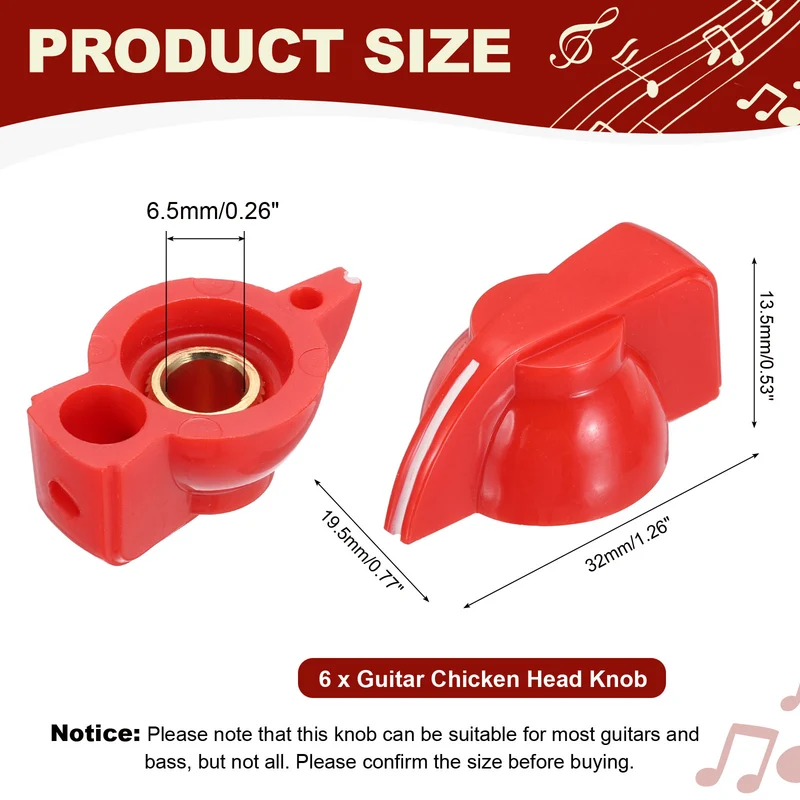 6pcs Guitar Chicken Head Knob 6.5mm Red