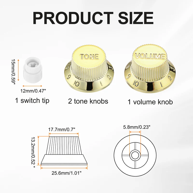 Guitar Control Knobs 1Volume 2Tone 1Switch Tip Gold