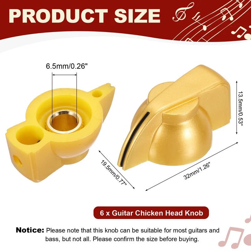 6pcs Guitar Chicken Head Knob 6.5mm Golden