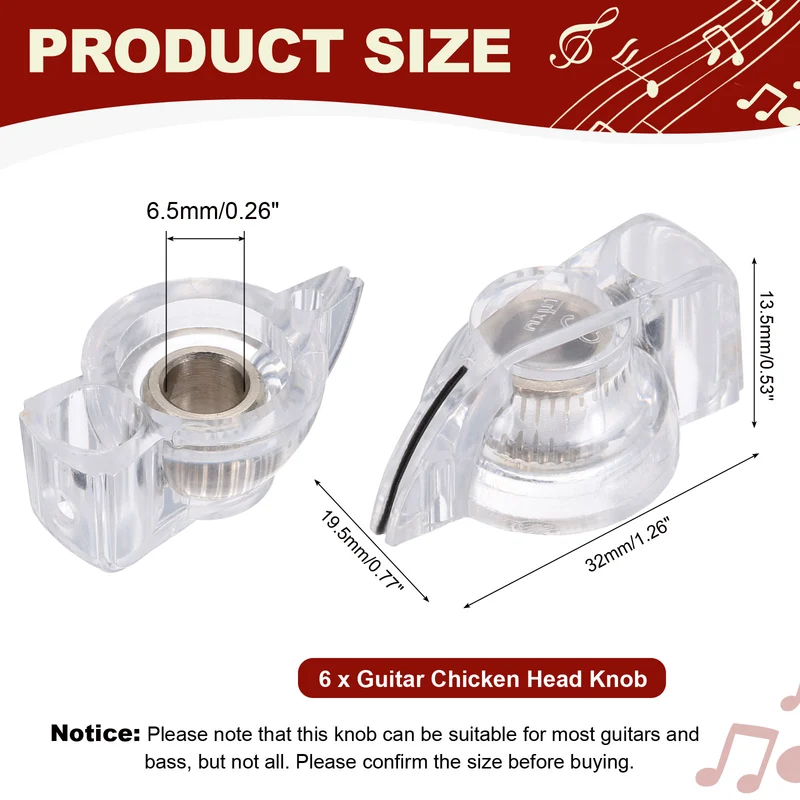 6pcs Guitar Chicken Head Knob 6.5mm Clear