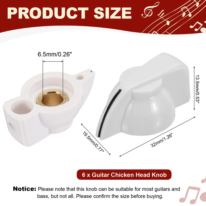 6pcs Guitar Chicken Head Knob 6.5mm White