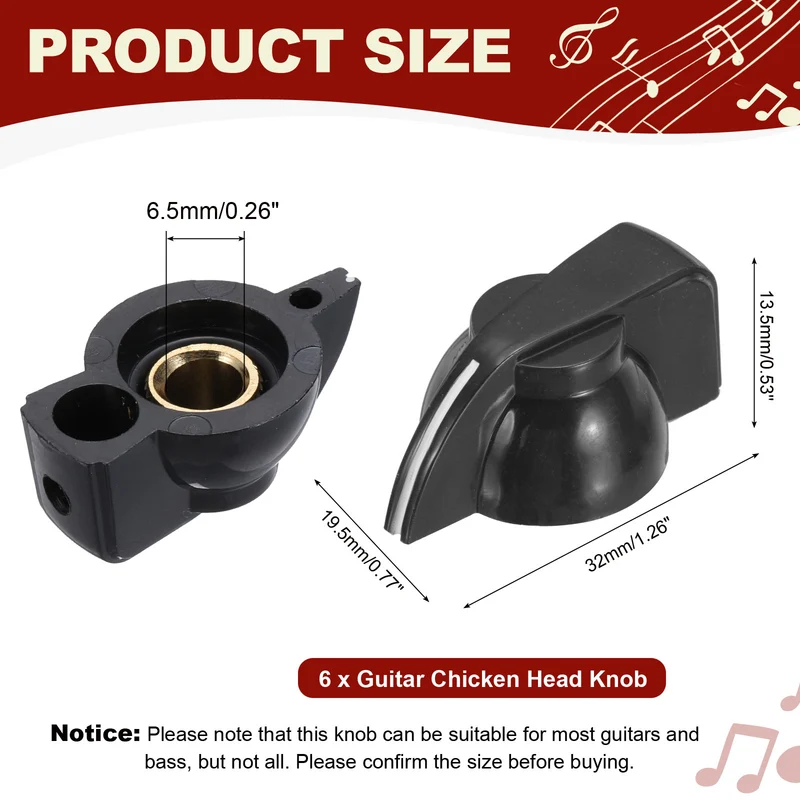 6pcs Guitar Chicken Head Knob 6.5mm Black