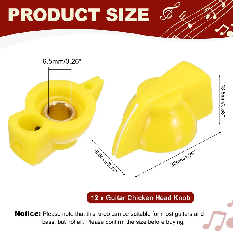 12pcs Guitar Chicken Head Knob 6.5mm Yellow