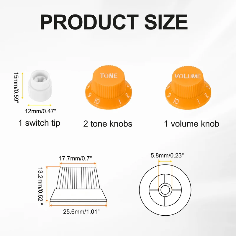 Guitar Control Knobs 1Volume 2Tone 1Switch Tip Orange with White Characters